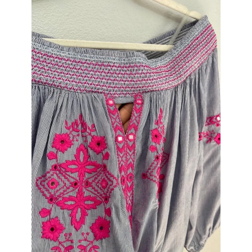 INC Off the Shoulder Blue with Hot Pink Embroidered Smocked Size S Bohemian Chic - Picture 3 of 10